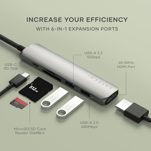 Satechi 6-in-1 USB-C Hub with 4K HDMI, 100W PD, 2X USB-A, SD Readers for MacBook, Windows - Space Gray